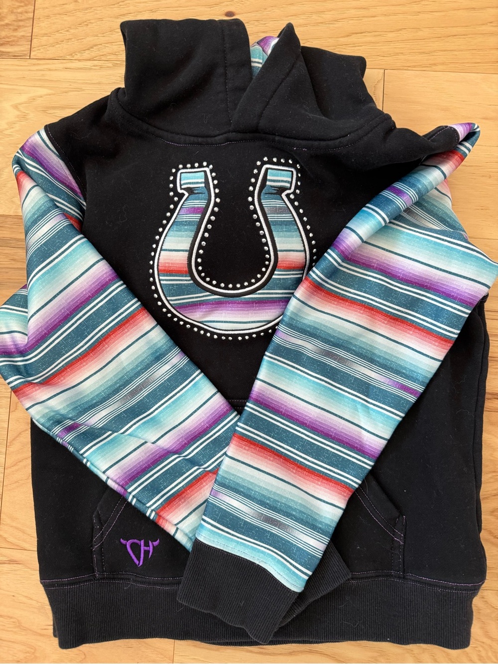 Kids Black Hoodie with Colorful Stripe Sleeves and Horseshoe Detail
